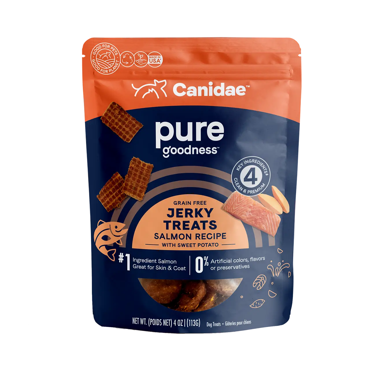 CANIDAE PURE Salmon Jerky w/Sweet Potato Dog Treats 4 oz