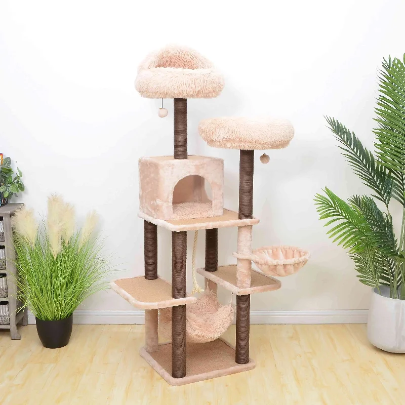 Catry Meerkat Cat Tree 7 level Cream Cat Tower with Paper Rope Posts and Plush Beds