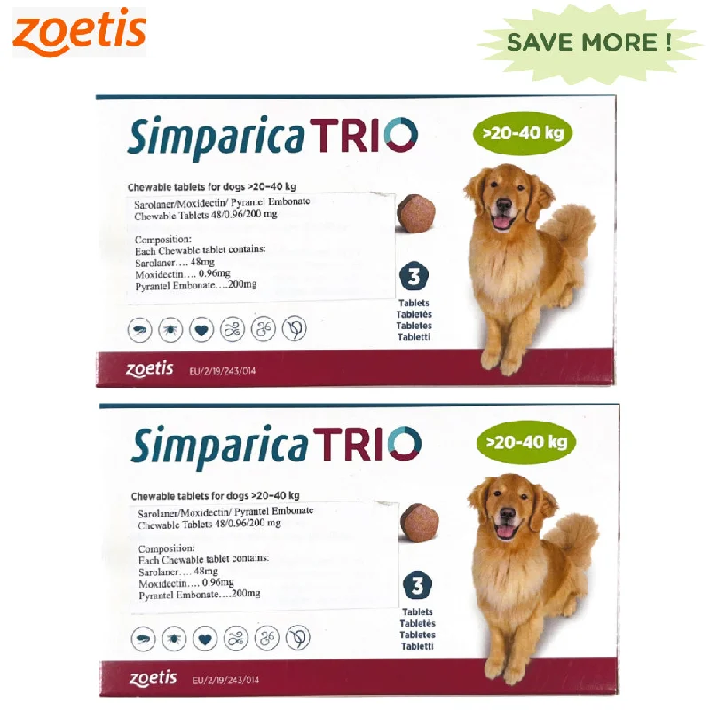 Zoetis Simparica Trio 20-40kg Dog Tick & Flea Control Tablet Combo (3+3 tablets)